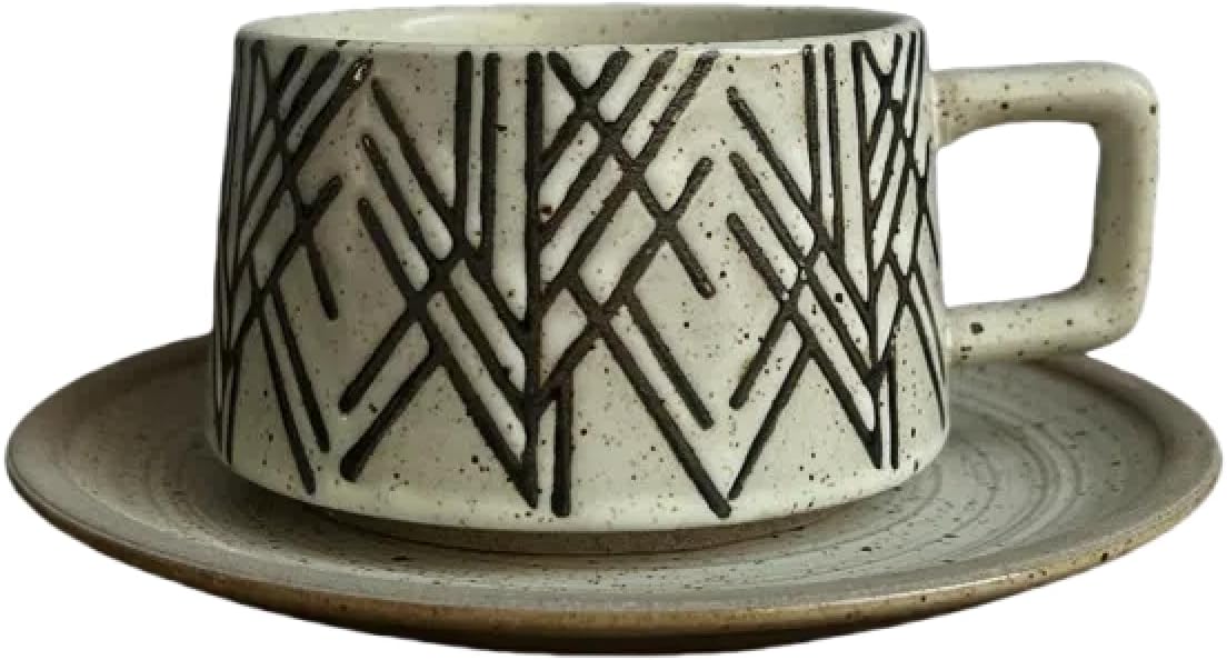 Japanese Simple Stoneware Coffee Cup and Saucer Set - Vintage Ceramic Teacup Mug Gift Box - Home Office Afternoon Tea Set