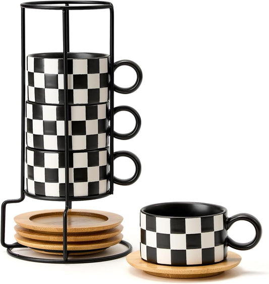 LUKA 6 Ounce Ceramic Stackable Black and White Checkered Espresso Cups with Saucers and Metal Stand Set of 4, Cappuccino Cups Set for Coffee Drinks, Latte, Cafe Mocha and Tea, Black Interior