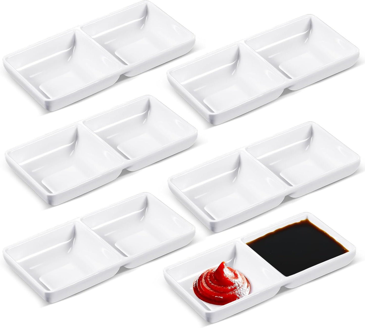 Gejoy 6 Pcs Dual Dipping Sauce Bowls Soy Sauce Dish Bowls Two Compartments Party Trays Divided Fondue Plates for Restaurant Kitchen Sushi Soy (White)