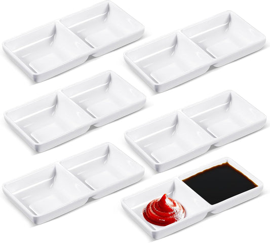 Gejoy 6 Pcs Dual Dipping Sauce Bowls Soy Sauce Dish Bowls Two Compartments Party Trays Divided Fondue Plates for Restaurant Kitchen Sushi Soy (White)
