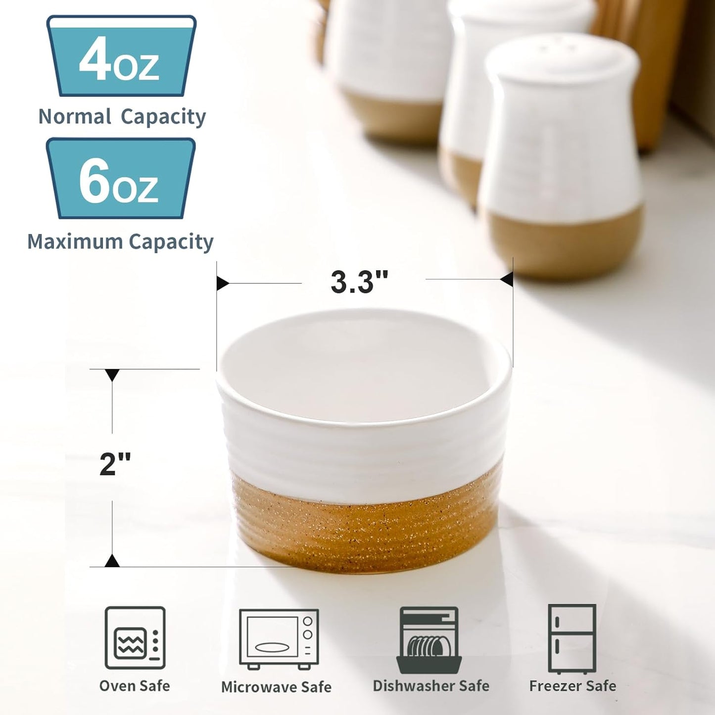 Hasense Ramekins, 6 oz Stoneware Ramekin Oven Safe Set of 6, Mini Ramekins Bowls for Dipping, Brulee, Custard, Farmhouse White Wedding Gift