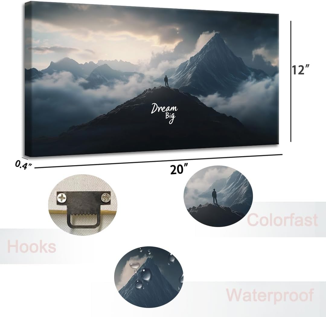 GoForArt Dream Big Motivational Canvas Wall Art, Inspirational Famous Quote Bedroom Living Room Decor, Positive Modern Landscape Mountain Office Dorm Room Poster Print (Dream Big04, 12''x20'')