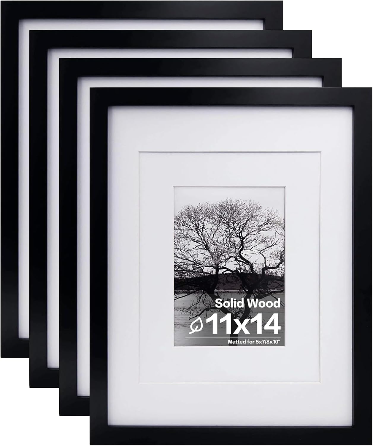 Egofine 11x14 Picture Frames Set of 4, Made of Solid Wood Covered by Plexiglass 5x7 and 8x10 with Mat or 11x14 without Mat, for Table Top Display and Wall Mounting Photo Frame Black