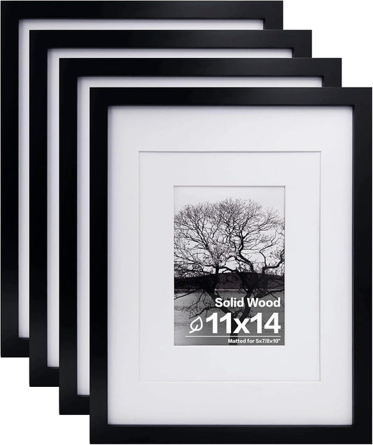Egofine 11x14 Picture Frames Set of 4, Made of Solid Wood Covered by Plexiglass 5x7 and 8x10 with Mat or 11x14 without Mat, for Table Top Display and Wall Mounting Photo Frame Black