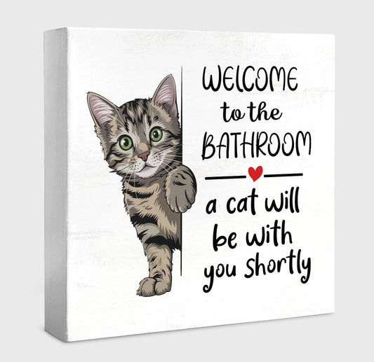 Funny Tabby Cat Bathroom Decorations Art Wall Decor Wood Box Sign, Gifts for Women Cats Lovers Tabby Cat Bath Decor, Funny Stuff, Welcome To The Bathroom A Cat Will Be With, 5x5 inch