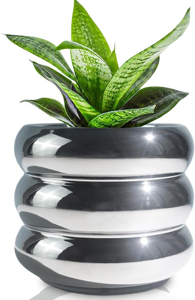 4.7 Inch Modern Plant Pot Silver Ceramic Glaze Succulent Planters for Indoor Unique Pots, Planter with Drainage Holes Small Bubble Porcelain for Herb Snake Plants