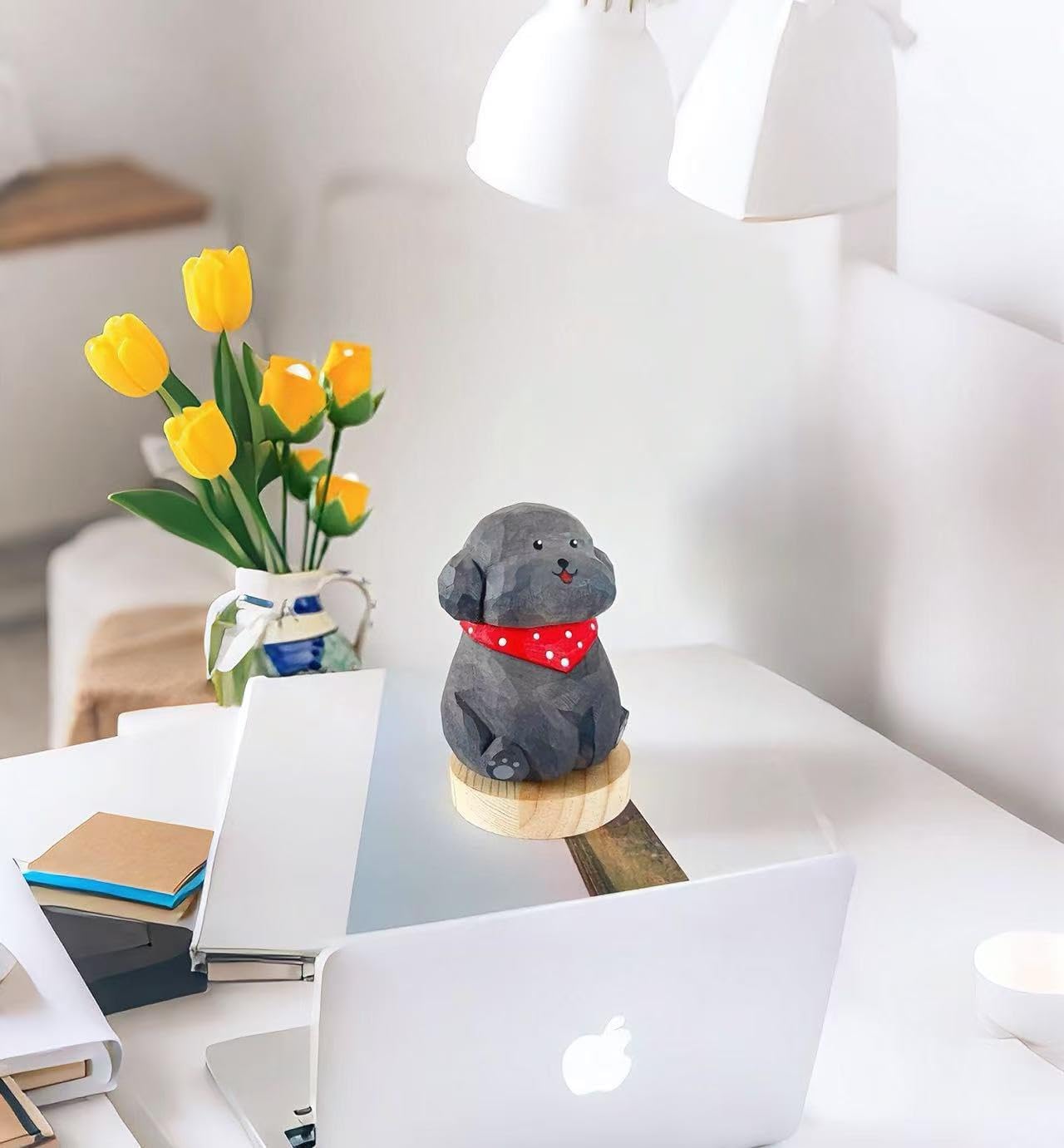 Cute Wood Teddy Dog Figurine, 2.7' Handmade Carved Gray Teddy Statue with Base, Unique Pet Dog Figure Collectibles Home Decor