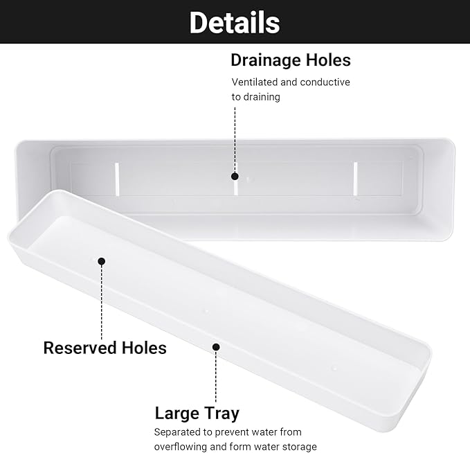 GREANER Herb Planter with Tray, 1 Pack 12x3.8 Inch Rectangle Window Box, Indoor Succulent Flowers Succulent Plastic Pot for Windowsill, Garden, Balcony, Office Outdoor Decoration - White