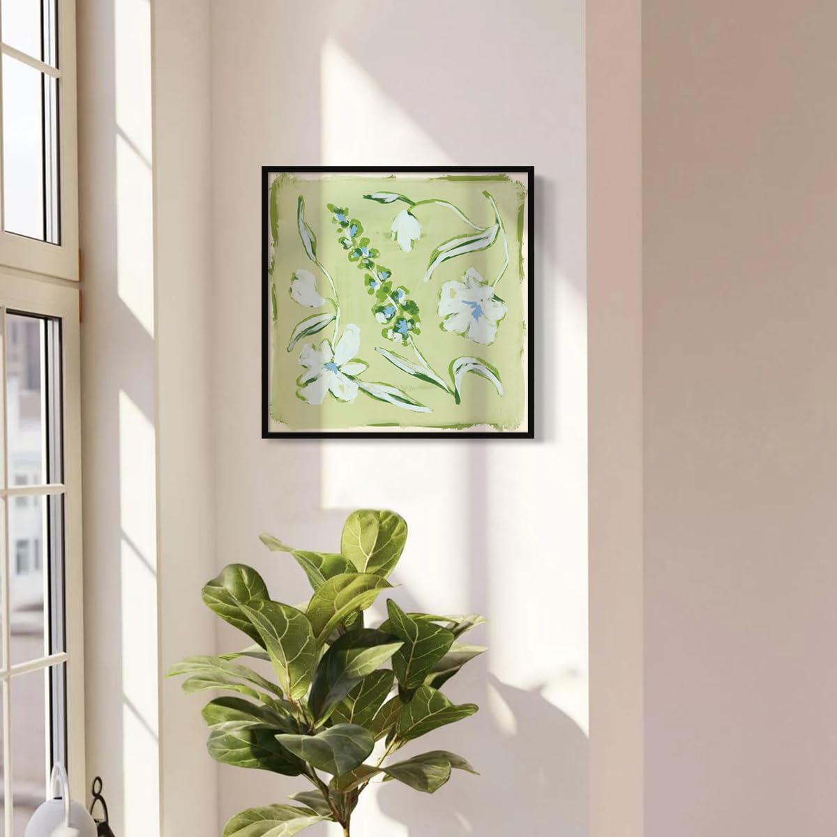 Flower Canvas Wall Art, Blue and Green Floral Aesthetic Poster, Chinoiserie Watercolor Botanical Print, Coastal Grandma Modern Southern Grandmillennial Plant Painting for Wall 24x24in Unframed