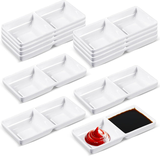 Gejoy 12 Pcs Dual Dipping Sauce Bowls Soy Sauce Dish Bowls Two Compartments Party Trays Divided Fondue Plates for Restaurant Kitchen Sushi Soy (White)