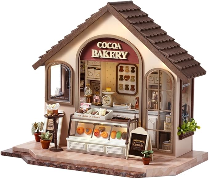 TuKIIE DIY Miniature House Kit with Furniture, 1:24 Scale Creative Room Mini Wooden Dollhouse Book Nook Plus Dust Proof & Music Movement for Kids Teens Adults(Leisurely Bakery)