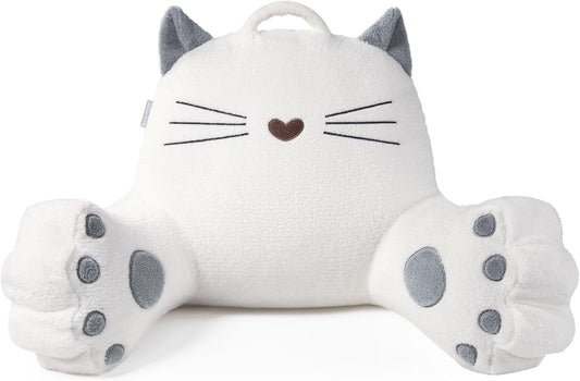Blissful Diary Kitty Reading Pillow for Kids/Teens/Adults, Back Rest Pillow for Sitting Up in Bed with Shredded Memory Foam, Includes Arms and Washable Cover, Pure White