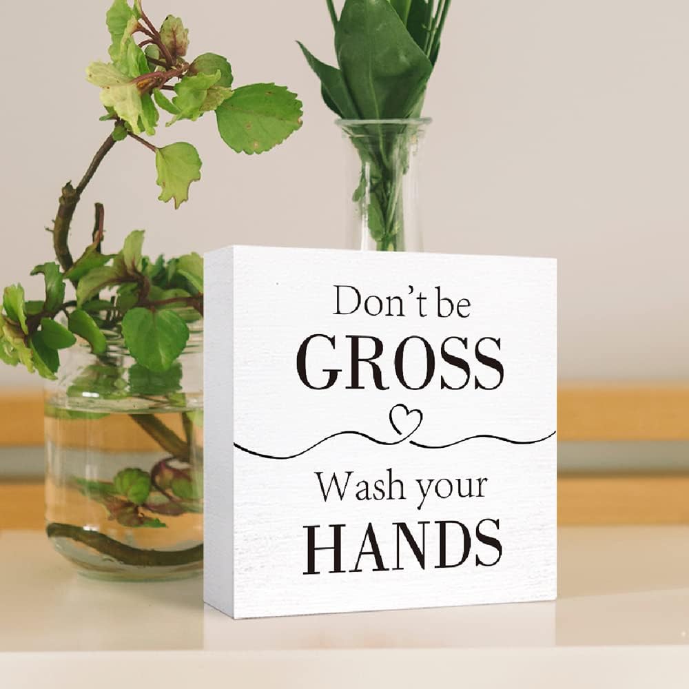 Funny Wood Sign 'Don't Be Gross' - Wash Hands, Wooden Block Sign for Bathroom, Toilet, Restroom, Home Decor