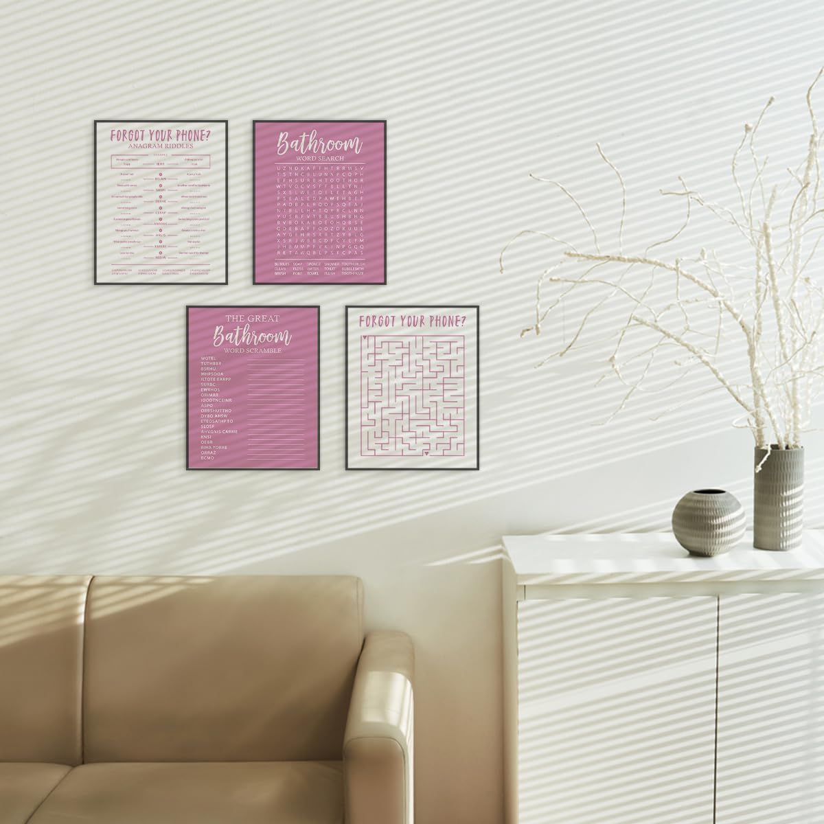 ETVISO Funny Pink Bathroom Decor Wall Art Set of 4, Funny Crossword Puzzle Wall Art, Funny Forget Your Phone, Bathroom Word Search Wall Decor, 8x10 (Unframed)
