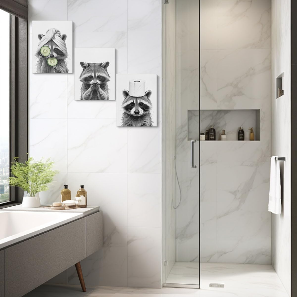 HZMLYDJ 3Pcs Adorable Raccoon Bathroom Wall Art, Modern Black and White Animal Wall Decor Funny Bathroom Sign Wood Rustic Farmhouse Interestring Washroom laundry room Decorations Animal Prints Wall