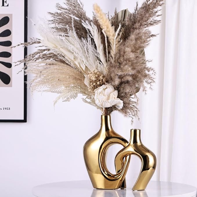 Gold Hollow Ceramic Vases Set of 2 - Modern Nordic Boho ins Style Decor Vases, Pampas Grass Flower Vases for Wedding, Living Room, Office, Entrance, Dining Table Decor Centerpieces