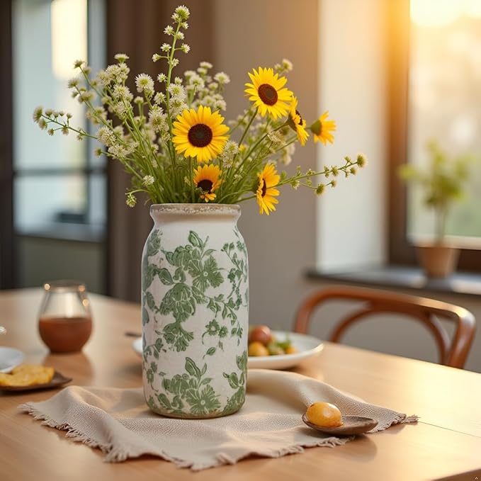 Vintage Green Floral Ceramic Vase, 8 Inch Crackle Glaze Rustic Handmade Vase, Decorative Pottery for Fresh or Dried Flowers, Farmhouse Cottage Modern Rustic Decor
