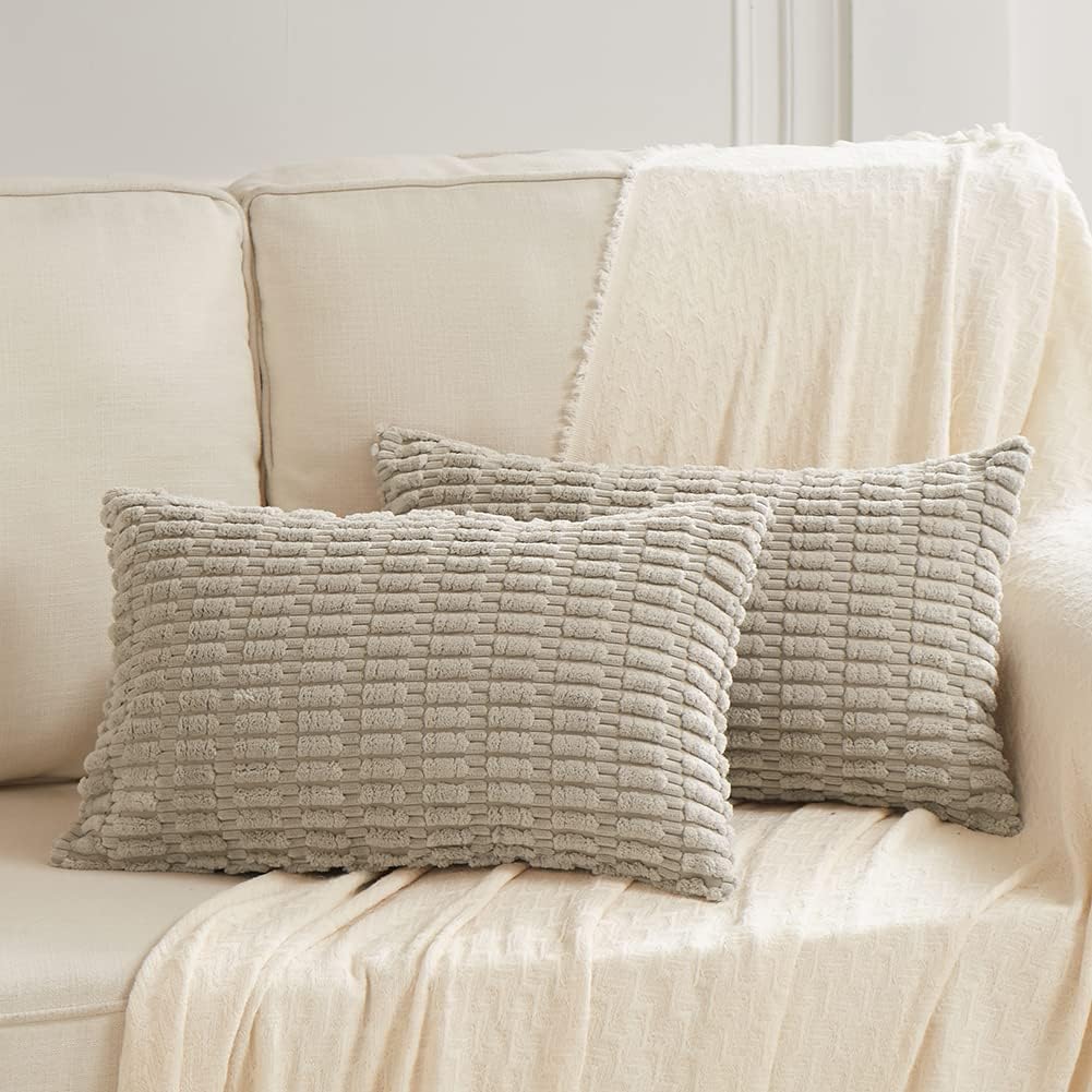 Fancy Homi Taupe Lumbar Decorative Throw Pillow Covers 12x24 Inch for Living Room Couch Bed Sofa, Rustic Farmhouse Boho Home Decor, Soft Striped Corduroy Rectangle Cushion Case 30x60 cm