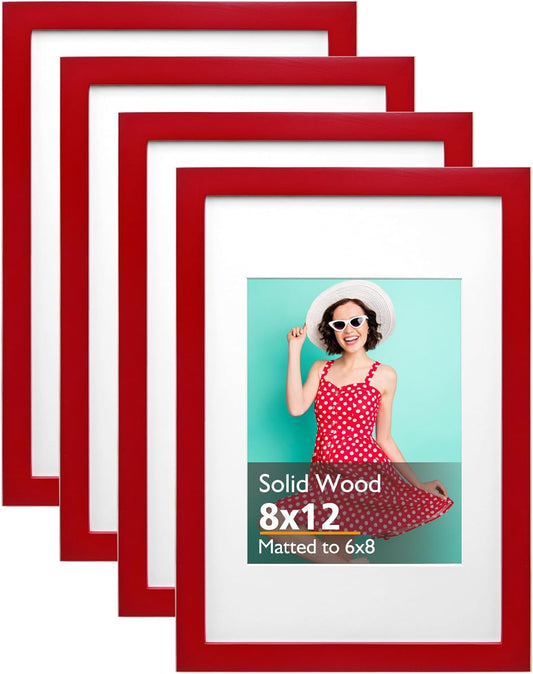 KINLINK 8x12 Picture Frames Red, Solid Wood Frames with Acrylic Plexiglass for 6x8 with Mat or 8x12 without Mat, Tabletop and Wall Display Photo Frame, 4 Pack