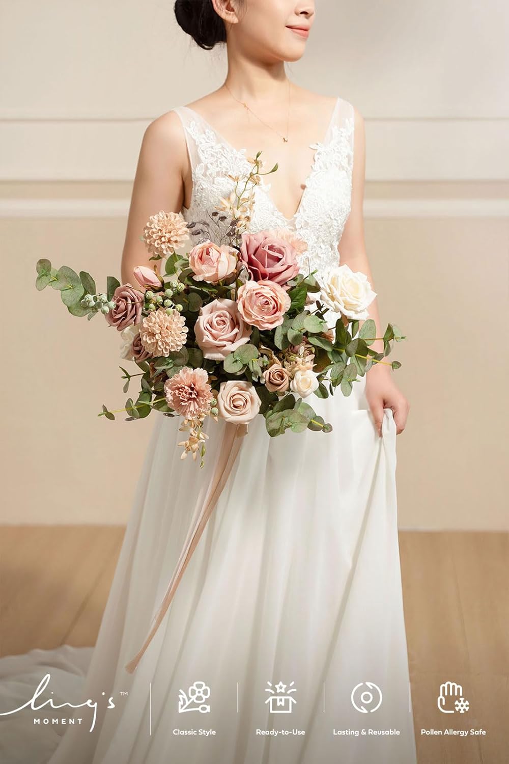 Ling's Moment Dusty Rose Wedding Bouquets for Bride, Pink Bridal Bouquets for Bride, 13 Inch Free Form Artificial Wedding Flower Bouquet