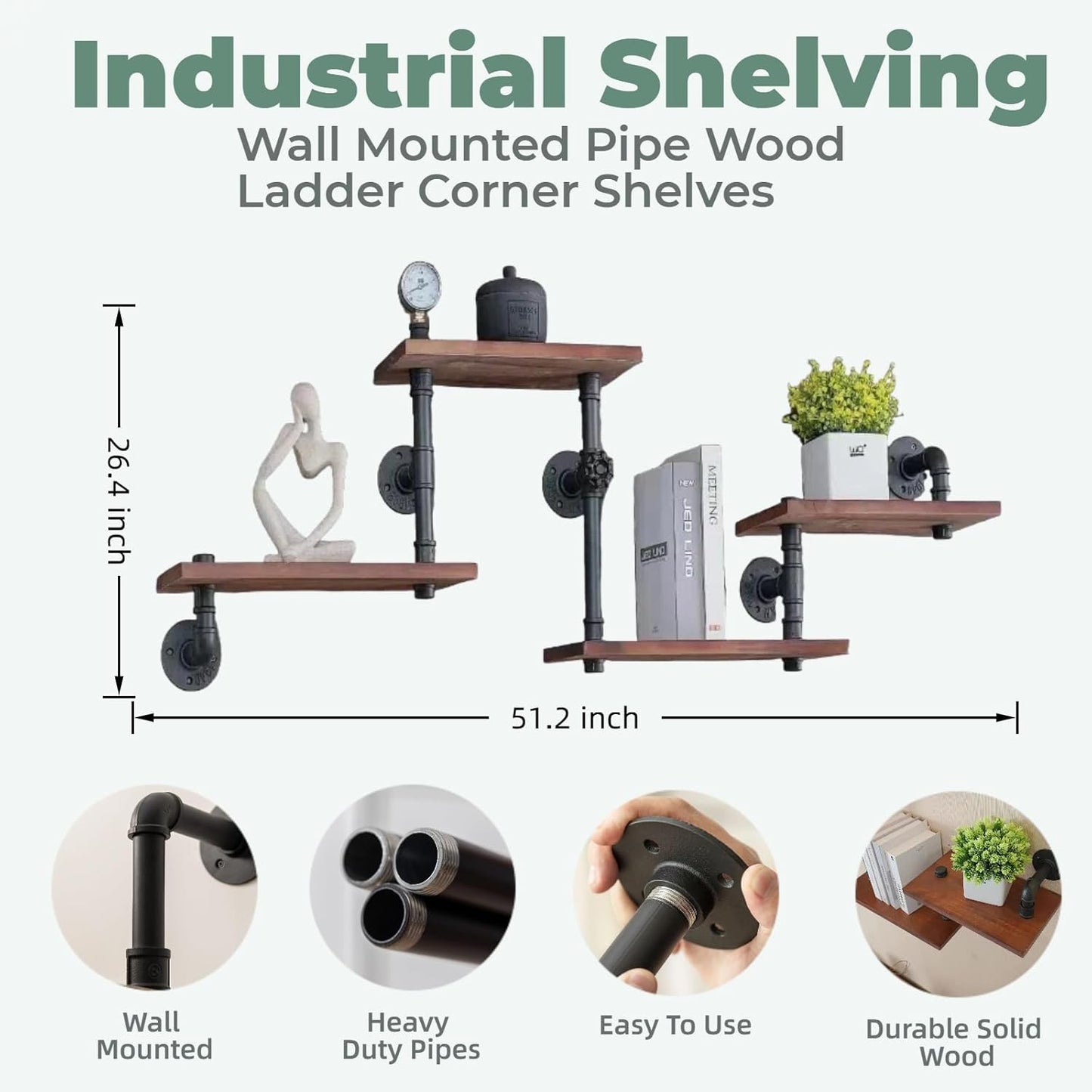 Industrial Rustic Modern Solid Wood Ladder Pipe Wall Mounted Floating Shelves – 4 Tiers Bookshelf,DIY Storage Shelving,Hung Bracket,Bookcases