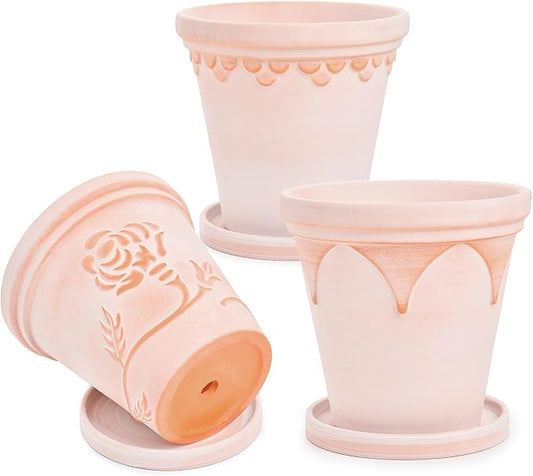 Sungmor Terra Cotta Pot Set - 3 Unique Embossed Clay Planters with Saucer & Drainage, 8 Inch Large & Deep, Pretty Color, Ideal for Orchid, Cactus, Succulent
