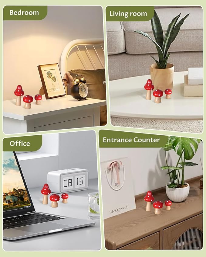 3Pcs Mushroom Decor Wooden Mini Figures Fairy Garden Accessories 2.9in 1.8in 1.2in Cute Miniature Mushrooms Home Decor for Bedroom Office Bonsai Fairy Garden Red