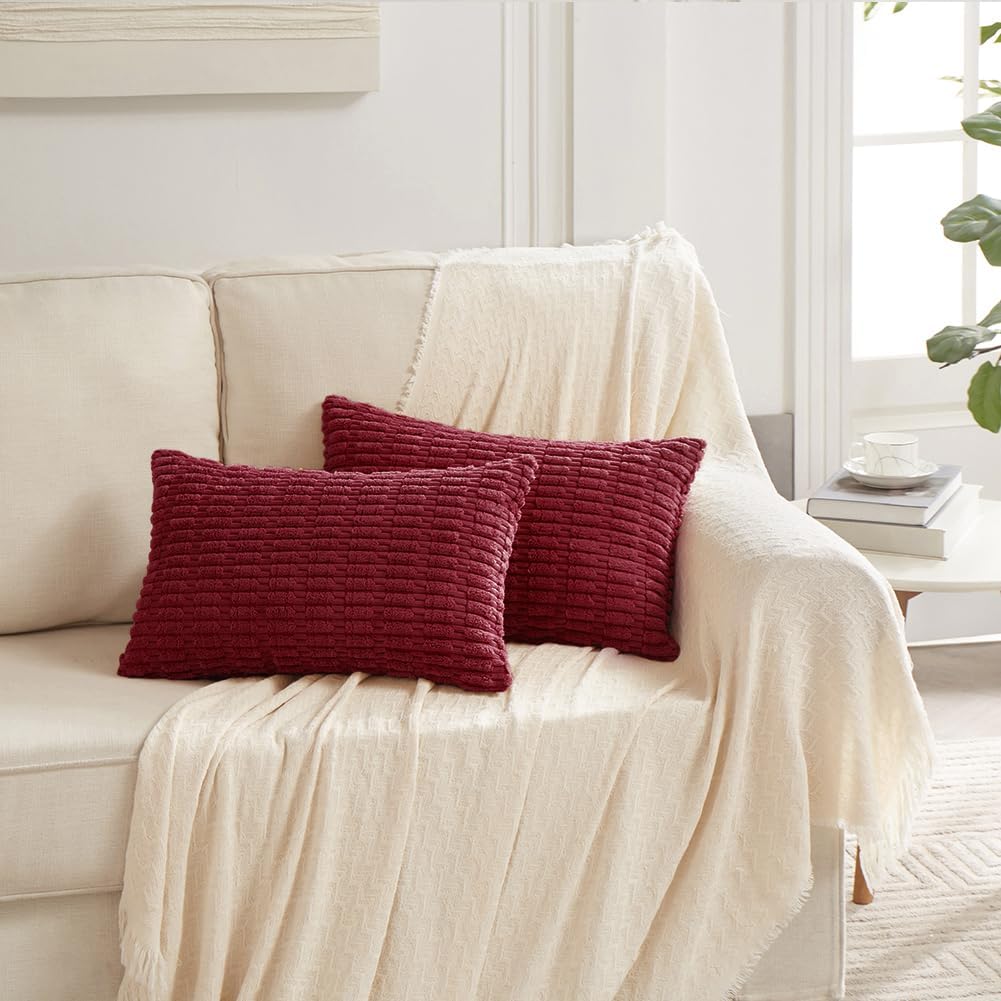 Fancy Homi 4 Packs Burgundy Decorative Throw Pillow Covers 14x24 Inch for Living Room Couch Bed, Holiday Christmas Home Decor Gift, Soft Plush Corduroy Cute Square Accent Cushion Case 35x60 cm