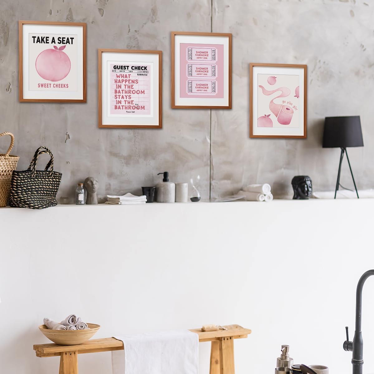 ETVISO Funny Pink Girls Peach Bathroom Decor Wall Art Posters Set of 4, Funny Pink Cute Shower Karaoke Ticket Guest Check Wall Decor for Girls Bathroom Washroom Restroom Toilet, 8x10 Inch (Unframed)