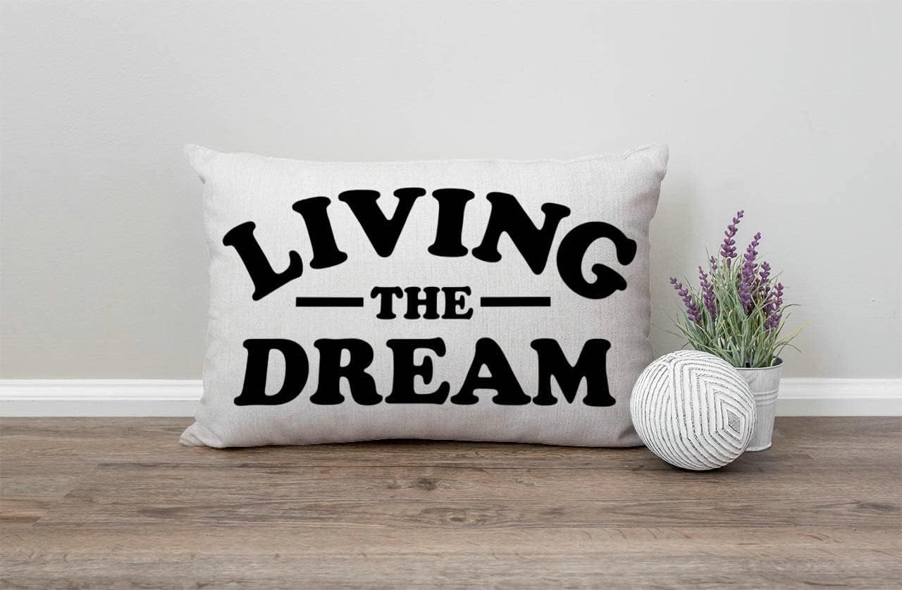 Living The Dream Waist Lumbar Cotton Linen Throw Pillow case Cushion Cover for Sofa Home Decorative Oblong 12x20 Inches