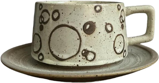 Japanese Simple Stoneware Coffee Cup and Saucer Set - Vintage Ceramic Teacup Mug Gift Box - Home Office Afternoon Tea Set