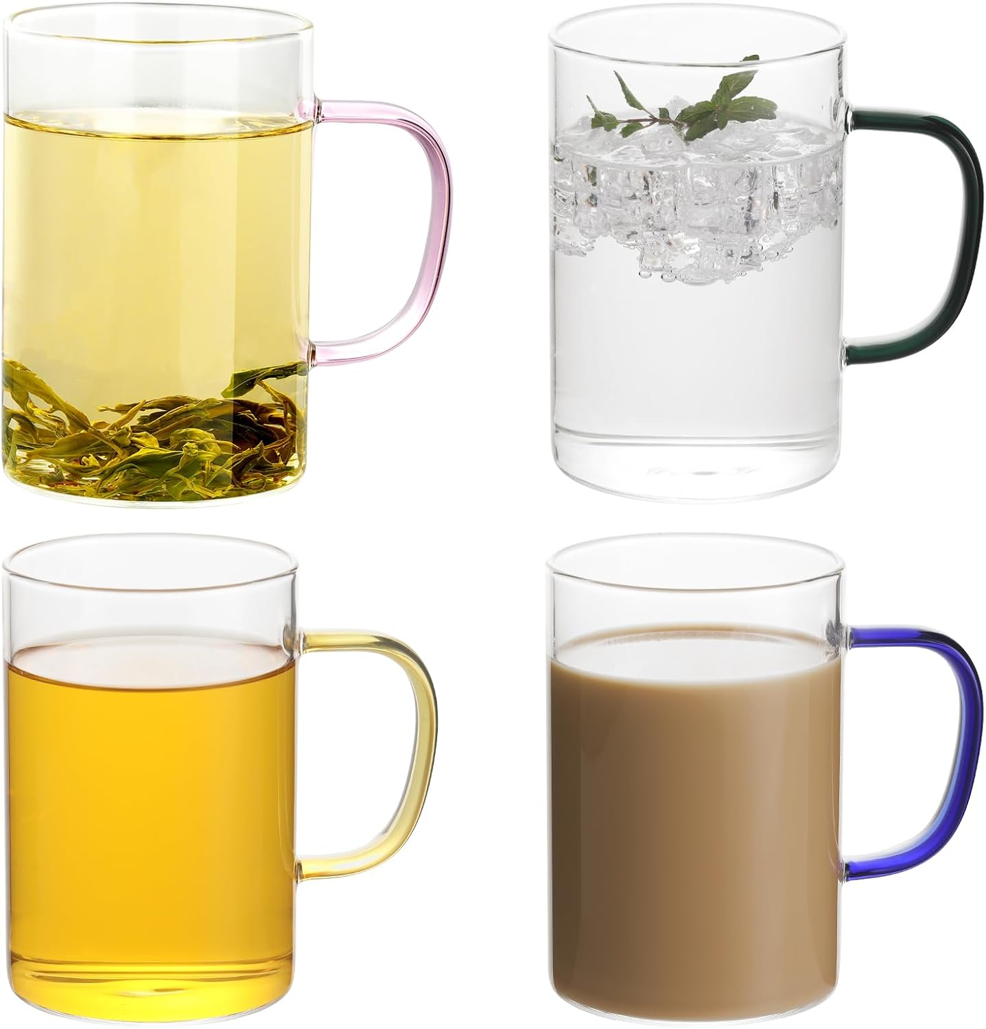 Glass Tea Cups Set of 4, Clear Borosilicate Glass Teacups with Handle for Tealover, Dishwasher & Microwave Safe Large Coffee Mugs for Espresso Cappuccino Latte Juice, 17OZ/500ML