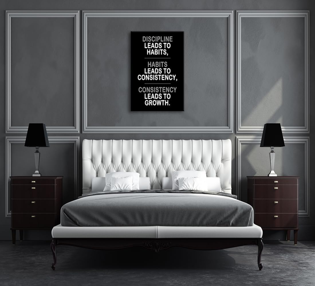 Inspirational Canvas Wall Art Painting Discipline Habits Consistency Growth Pictures Motivational Quotes Posters and Prints Artwork for Modern Office Classroom Home Wall Decor Framed[24''W x 36''H]