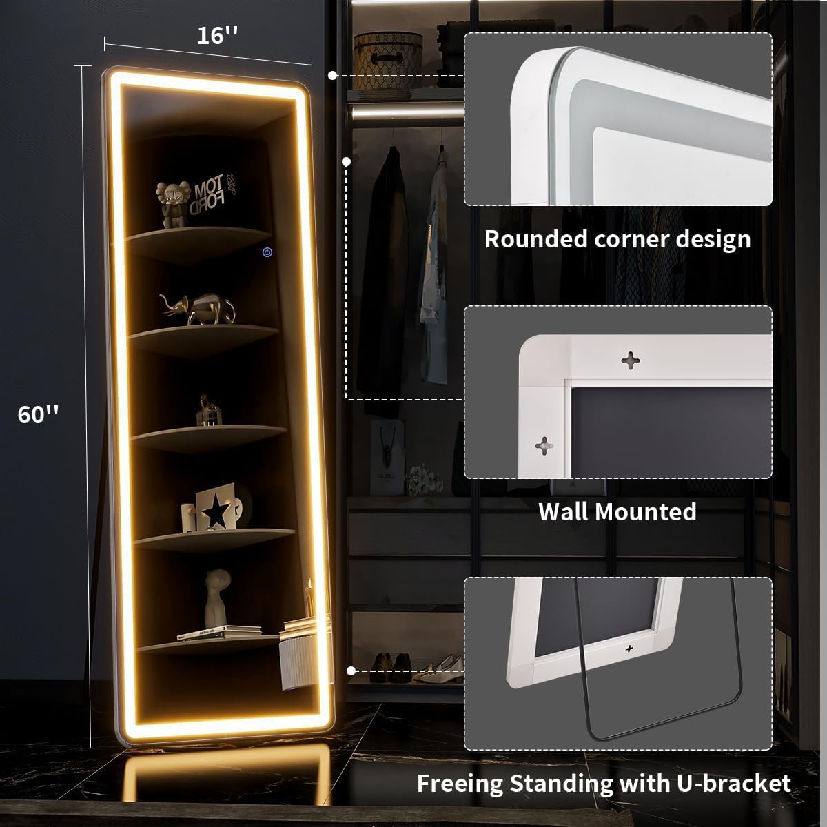 Full Length Mirror with LED Lights, 60"x16"Floor Mirror with Dimming & 3 Color Lighting, Free Standing Floor Mirrors, Lighted Full Body Mirrors for Bedroom, Dressing Room, Cloakroom