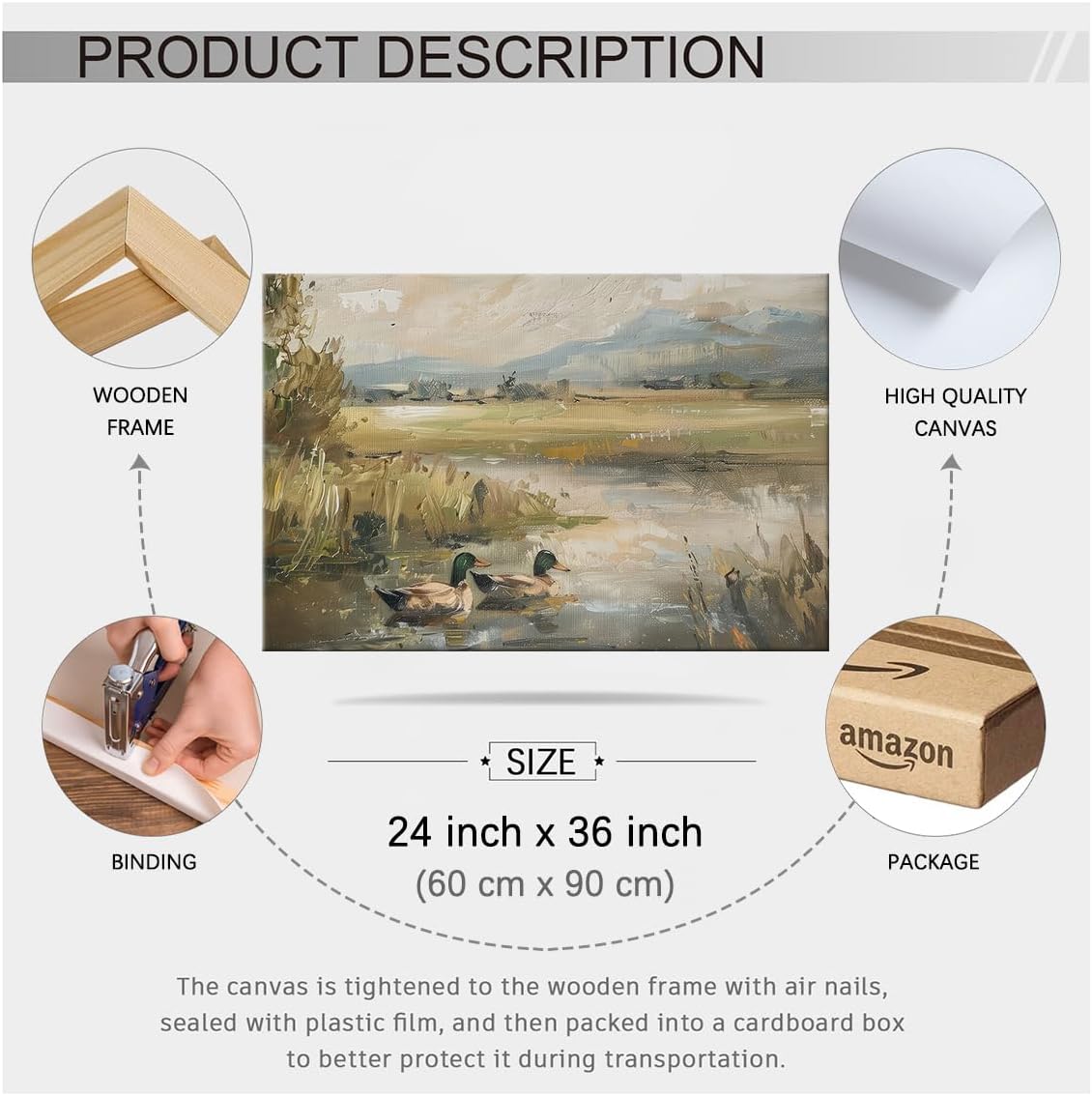 Mallard Duck Pond Poster Animal Farmhouse Canvas Wall Art Vintage Duck Painting Oil Painting 24x36 inch Framed Bird Hunter Gift for Rustic Cabin Nursery Wall Decor