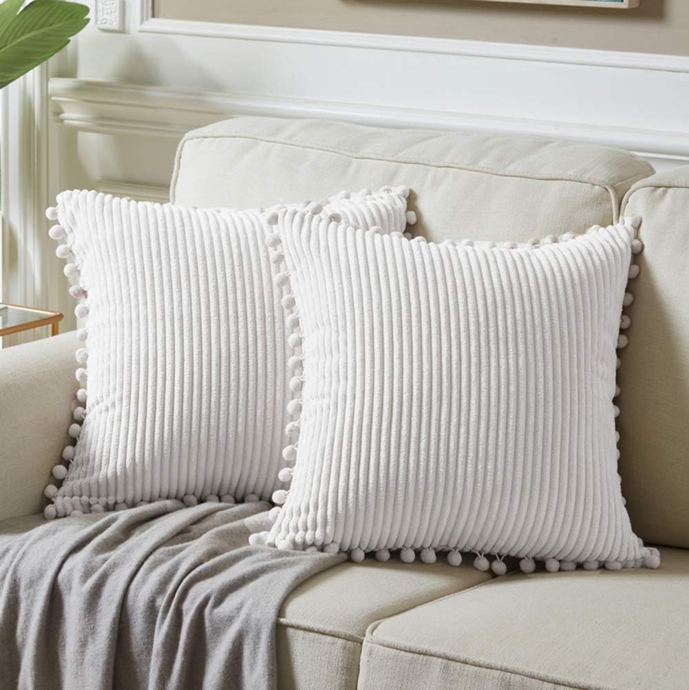 Fancy Homi Pack of 2 Soft Corduroy Decorative Throw Pillow Covers with Pom-poms, Solid Square Cushion Cases Set for Couch Sofa Bedroom Car (16x16 Inch/40 x 40 cm, Pure White)