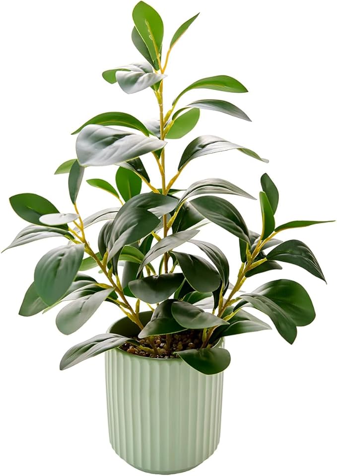14.6'' Fake Plant Ficus Leaves Artificial Plant in Light Green Ceramic Stripe Planter Faux Real Looking and Touching Evergreen for Home Living Room Indoor & Outdoor