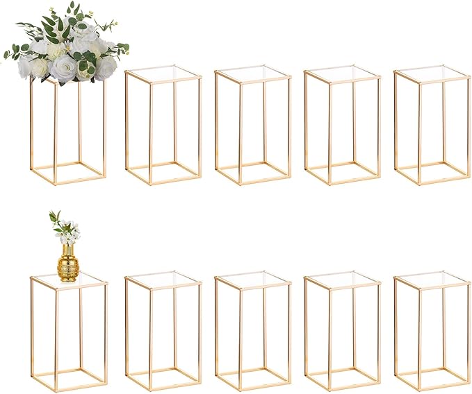 Nuptio 10 Pcs Gold Vase Metal Column Stand Road Lead Geometric Centerpiece Vase for Tables, 15¾ inch Tall Floor Vases Decorative Tall Flower Rack for Home Event Party Wedding Decorations for Reception