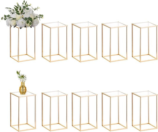Nuptio 10 Pcs Gold Vase Metal Column Stand Road Lead Geometric Centerpiece Vase for Tables, 15¾ inch Tall Floor Vases Decorative Tall Flower Rack for Home Event Party Wedding Decorations for Reception