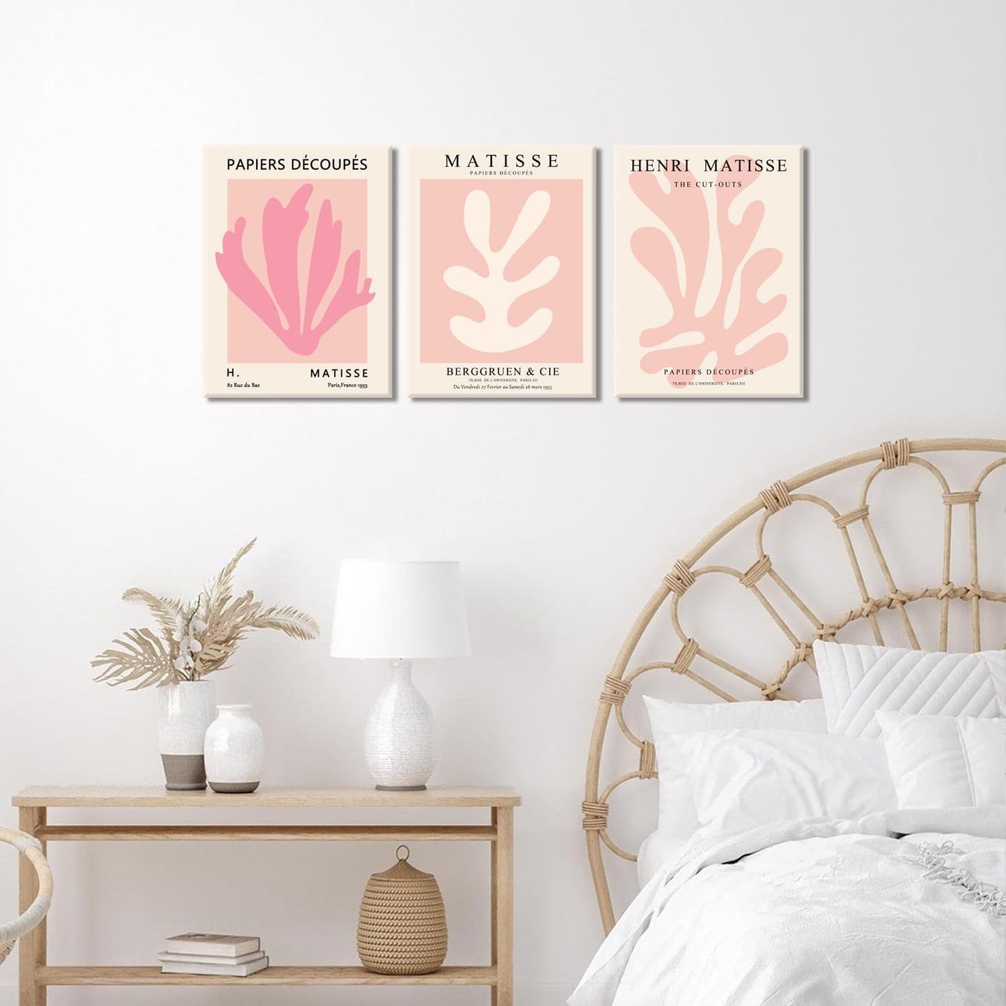 Julaydi Pink Matisse Wall Art Framed Abstract leaf Posters Pastel Henri Matisse Canvas Prints Modern Minimalist Wall Decor Aesthetic Painting Pictures for Living Room Bedroom Bathroom 12x16in Set of 3