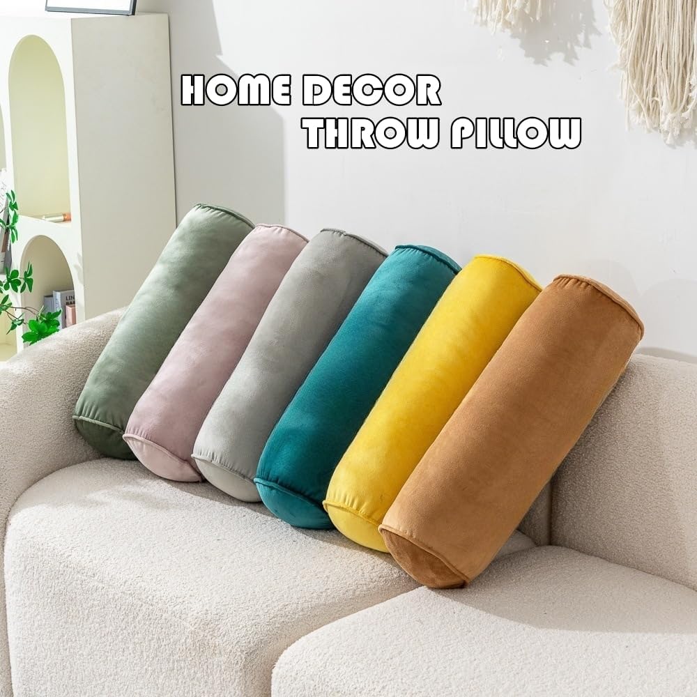 Cylinder Bolster Throw Pillow Roll Neck Pillow Velvet Round Bolster Decorative Throw Pillow for Couch & Bed Cervical Neck Pillow for Neck Home Office Car Decor (Yellow)