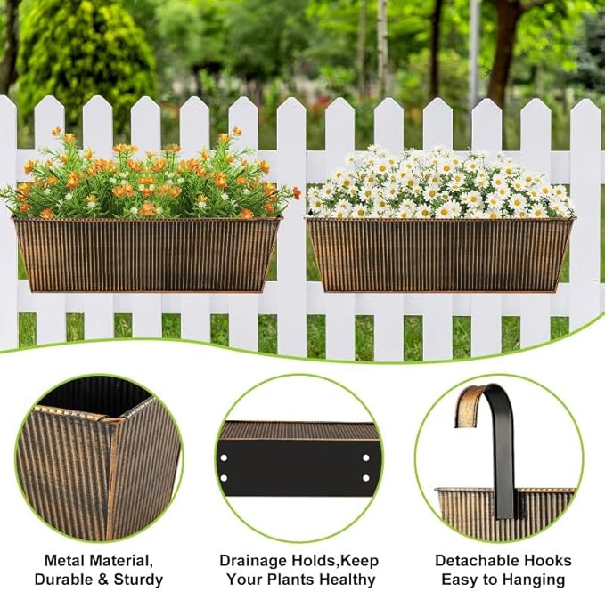 3 Pcs Large Hanging Flower Pots for Railing or Fence 16 Inch Railing Planter Box for Any Balcony Porch or Deck Countryside Style Window Planter Boxes Are Perfect to Herbs & Flowers (Retro-3pcs)