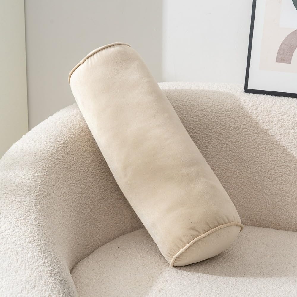 Cylinder Bolster Throw Pillow Roll Neck Pillow Velvet Round Bolster Decorative Throw Pillow for Couch & Bed Cervical Neck Pillow for Neck Home Office Car Decor (Beige)