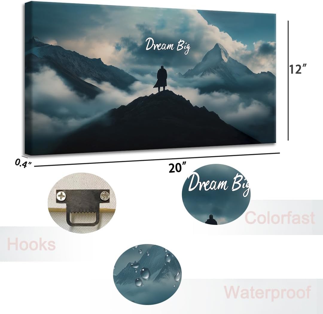 GoForArt Dream Big Motivational Canvas Wall Art, Inspirational Famous Quote Bedroom Living Room Decor, Positive Modern Landscape Mountain Office Dorm Room Poster Print (Dream Big01, 12''x20'')