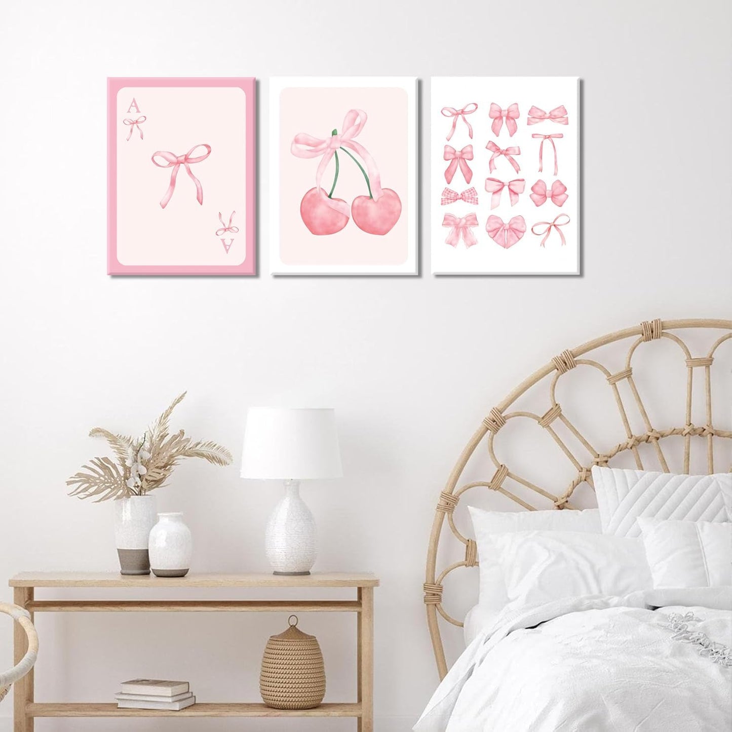 Julaydi Pink Preppy Wall Art Set of 3 Framed Trendy Bow Posters Pastel Bows Cherry Canvas Prints Cute Girly Aesthetic Home Decor Watercolor Ribbon Painting Picture for Girls Bedroom Living Room16X24in