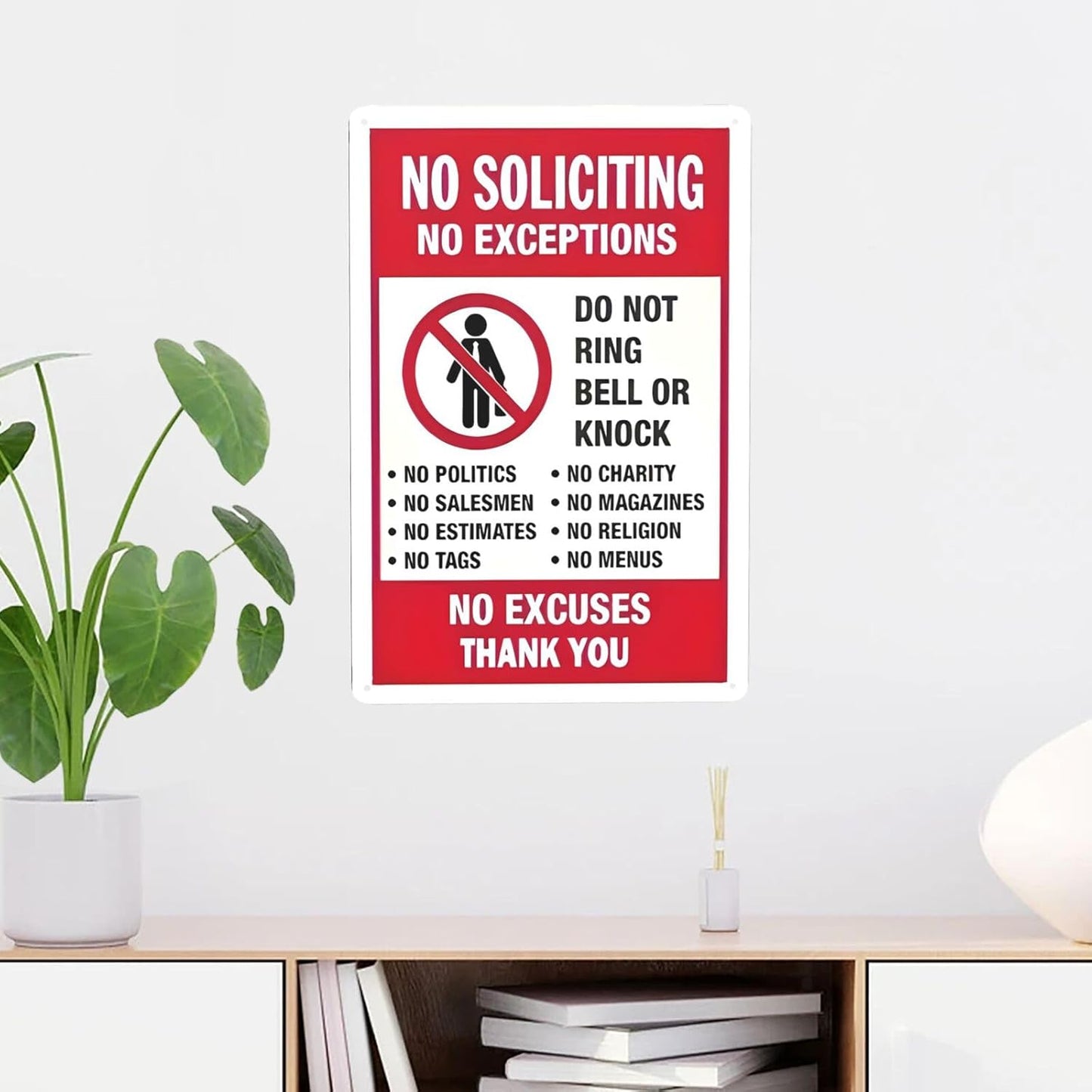 Funny 'No Soliciting No Exceptions' Metal Sign - Rust-Free Aluminum, Weatherproof, Easy Install with Pre-Drilled Holes - for Home & Business Doors, 8"x12"