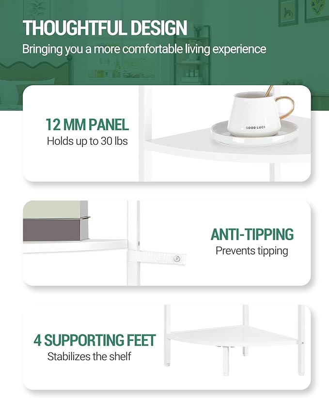 Corner Shelf Stand, Corner Bookshelf, Plant Shelf, Corner Display Rack, Standing Shelf with Metal Frame for Living Room, Bathroom, Kitchen, Industrial Style, 6 Tier White CS06613W