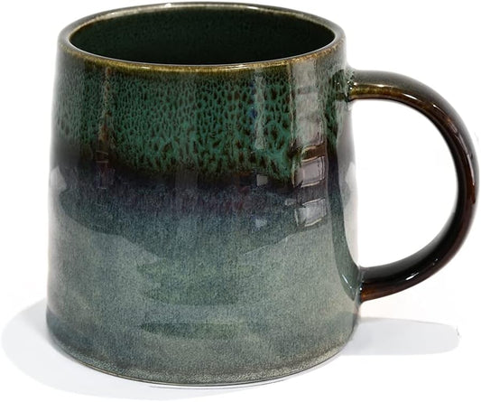 Large Ceramic Coffee Mug, Pottery Mug,Tea Cup for Office and Home,Handmade Pottery Coffee Mugs,16.5 Oz,Dishwasher and Microwave Safe,kiln altered glaze craft (Dark Green)