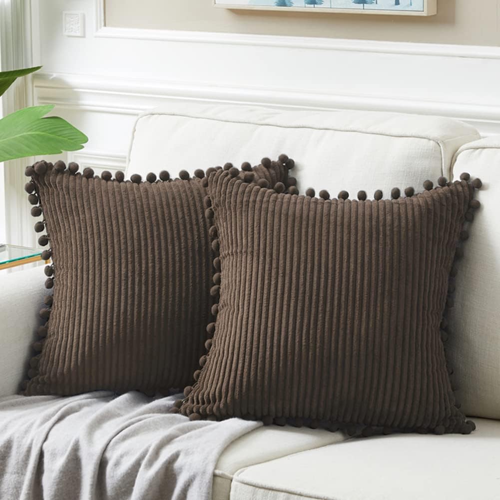 Fancy Homi Pack of 2 Dark Brown Decorative Throw Pillow Covers 12x12 Inch with Pom-poms for Couch Bed, Soft Corduroy Solid Square Cushion Case 30x30 cm, Farmhouse Boho Home Decor