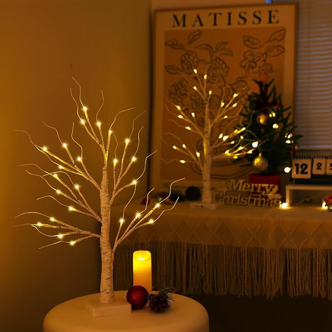 2FT Lighted Birch Tree,Christmas Decorations for Indoor,Table Top Christmas Trees with Lights,Dual Power USB or Battery,Lighted Tree for Winter Holidays Halloween Wedding Decor Set of 2
